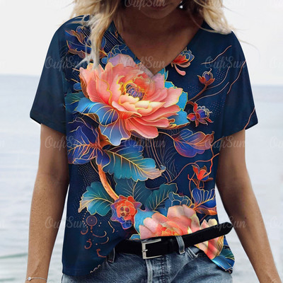 Modna labava odjeća velikih veličina Ljetne ženske majice kratkih rukava s V izrezom Ulična odjeća Ženski pulover s apstraktnim cvjetnim printom