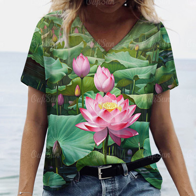 Modna labava odjeća velikih veličina Ljetne ženske majice kratkih rukava s V izrezom Ulična odjeća Ženski pulover s apstraktnim cvjetnim printom