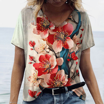 Modna labava odjeća velikih veličina Ljetne ženske majice kratkih rukava s V izrezom Ulična odjeća Ženski pulover s apstraktnim cvjetnim printom