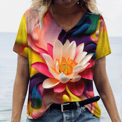 Modna labava odjeća velikih veličina Ljetne ženske majice kratkih rukava s V izrezom Ulična odjeća Ženski pulover s apstraktnim cvjetnim printom