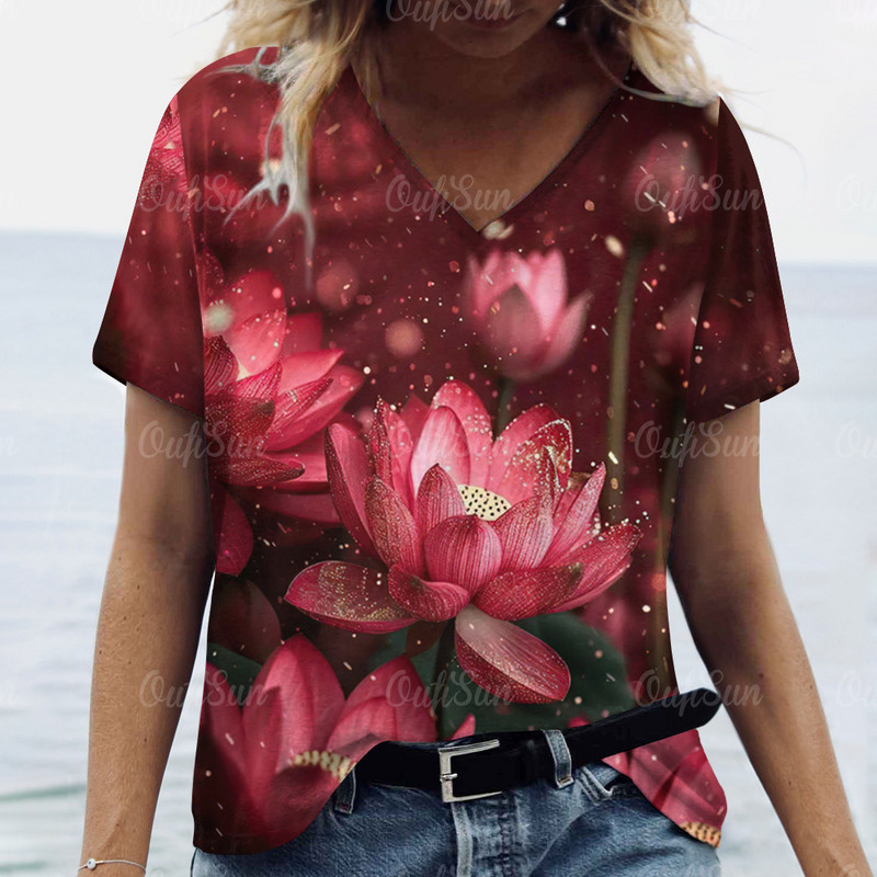 Modna labava odjeća velikih veličina Ljetne ženske majice kratkih rukava s V izrezom Ulična odjeća Ženski pulover s apstraktnim cvjetnim printom