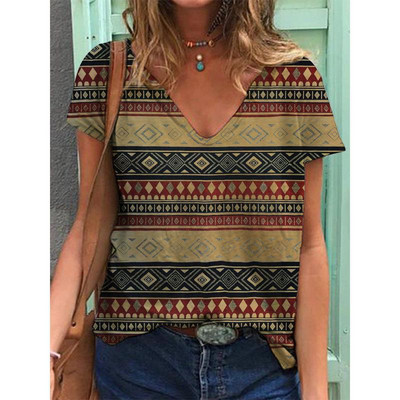 Ģeometriskas grafikas 3D drukas T-krekli Sieviešu etniskā stila vintage ielas apģērba T krekls Y2k topi Sieviešu T-krekli ar V veida kakla izgriezumu Lielizmēra apģērbi