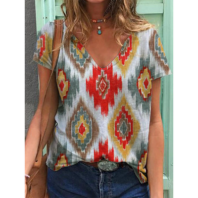 Ģeometriskas grafikas 3D drukas T-krekli Sieviešu etniskā stila vintage ielas apģērba T krekls Y2k topi Sieviešu T-krekli ar V veida kakla izgriezumu Lielizmēra apģērbi