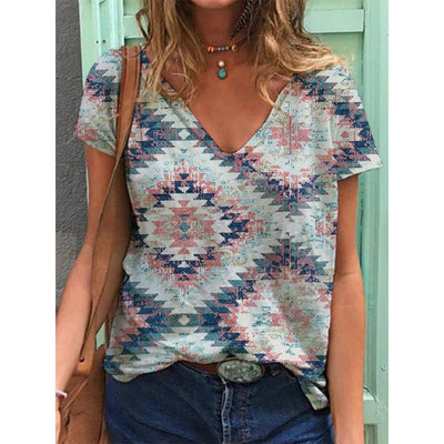 Ģeometriskas grafikas 3D drukas T-krekli Sieviešu etniskā stila vintage ielas apģērba T krekls Y2k topi Sieviešu T-krekli ar V veida kakla izgriezumu Lielizmēra apģērbi