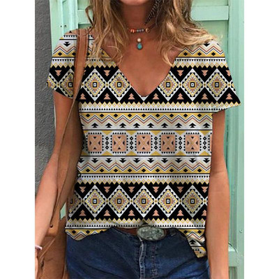 Ģeometriskas grafikas 3D drukas T-krekli Sieviešu etniskā stila vintage ielas apģērba T krekls Y2k topi Sieviešu T-krekli ar V veida kakla izgriezumu Lielizmēra apģērbi