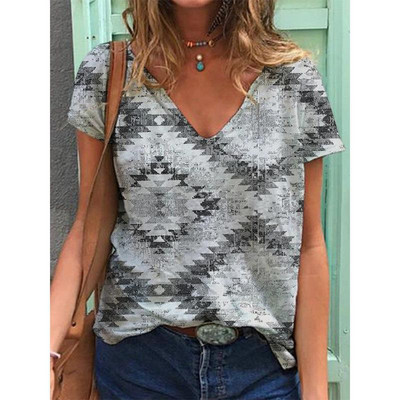 Ģeometriskas grafikas 3D drukas T-krekli Sieviešu etniskā stila vintage ielas apģērba T krekls Y2k topi Sieviešu T-krekli ar V veida kakla izgriezumu Lielizmēra apģērbi
