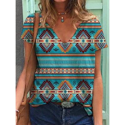 Ģeometriskas grafikas 3D drukas T-krekli Sieviešu etniskā stila vintage ielas apģērba T krekls Y2k topi Sieviešu T-krekli ar V veida kakla izgriezumu Lielizmēra apģērbi