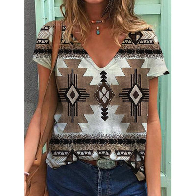 Ģeometriskas grafikas 3D drukas T-krekli Sieviešu etniskā stila vintage ielas apģērba T krekls Y2k topi Sieviešu T-krekli ar V veida kakla izgriezumu Lielizmēra apģērbi