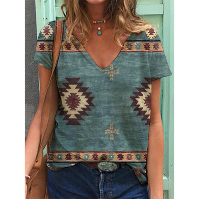 Ģeometriskas grafikas 3D drukas T-krekli Sieviešu etniskā stila vintage ielas apģērba T krekls Y2k topi Sieviešu T-krekli ar V veida kakla izgriezumu Lielizmēra apģērbi