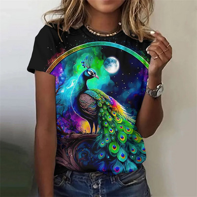 Tricou de damă la modă cu tricouri de vară cu mânecă scurtă cu imprimeu 3D cu grafic păun drăguț Îmbrăcăminte largi pentru femei