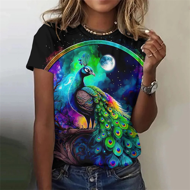 Tricou de damă la modă cu tricouri de vară cu mânecă scurtă cu imprimeu 3D cu grafic păun drăguț Îmbrăcăminte largi pentru femei
