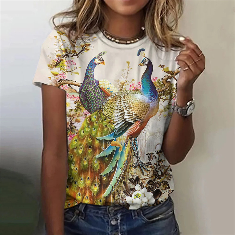 Tricou de damă la modă cu tricouri de vară cu mânecă scurtă cu imprimeu 3D cu grafic păun drăguț Îmbrăcăminte largi pentru femei