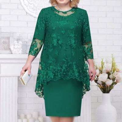 Rochie midi cu talie înaltă din dantelă cu decolteu înalt 5XL, mărime Plus, cu broderie din dantelă, cu mâneci 3/4, rochie de seară pentru damă