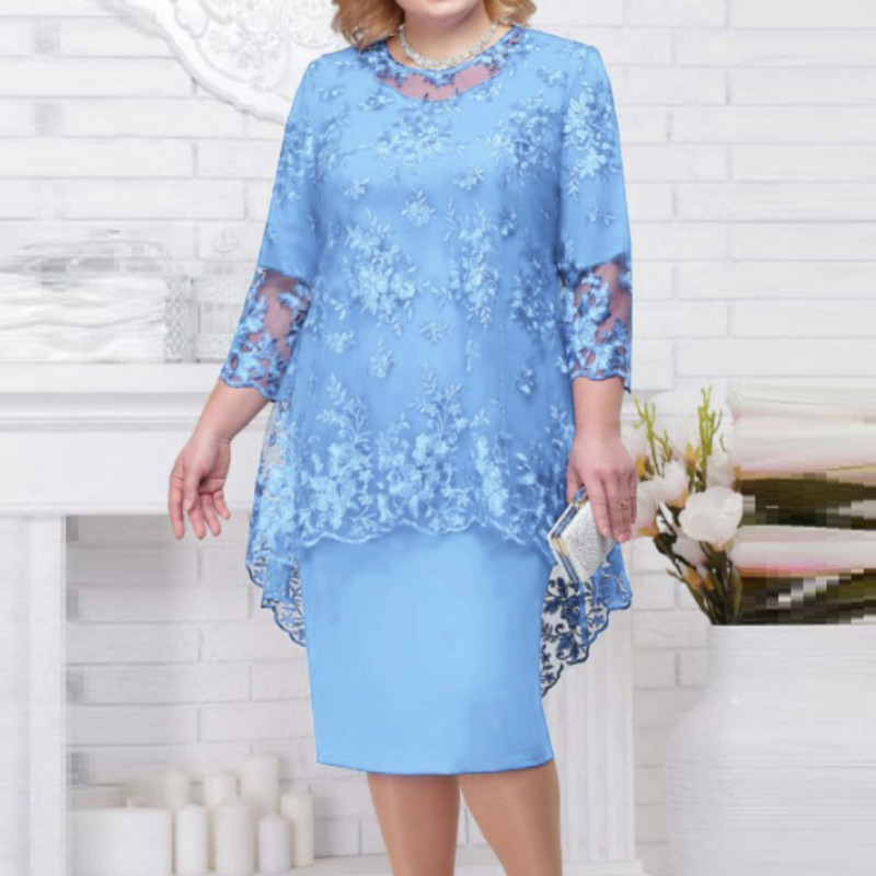 Rochie midi cu talie înaltă din dantelă cu decolteu înalt 5XL, mărime Plus, cu broderie din dantelă, cu mâneci 3/4, rochie de seară pentru damă