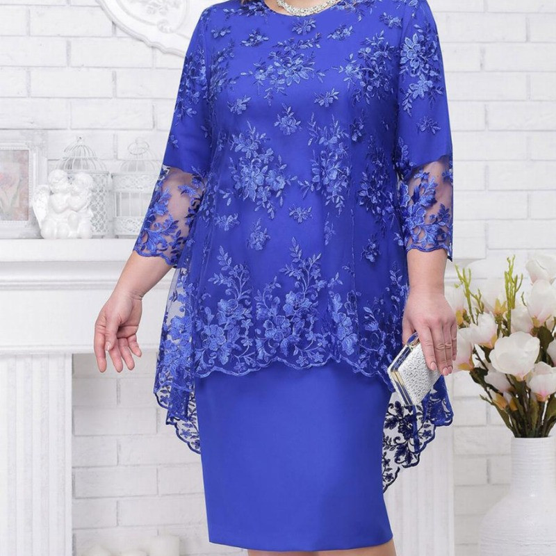 Rochie midi cu talie înaltă din dantelă cu decolteu înalt 5XL, mărime Plus, cu broderie din dantelă, cu mâneci 3/4, rochie de seară pentru damă