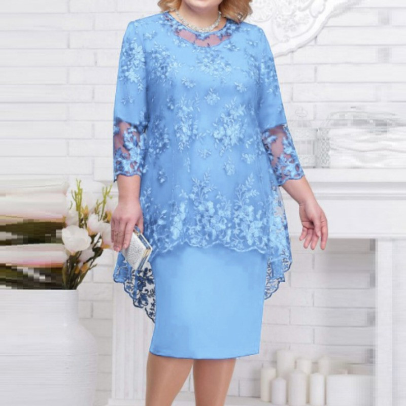 Rochie midi cu talie înaltă din dantelă cu decolteu înalt 5XL, mărime Plus, cu broderie din dantelă, cu mâneci 3/4, rochie de seară pentru damă
