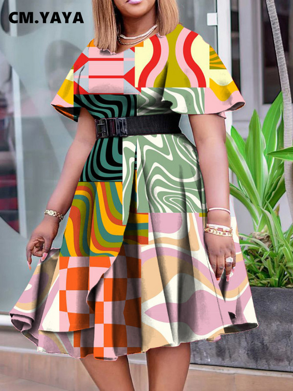 CM.YAYA Ženske velike midi haljine kratkih rukava s afričkim volanima, cvjetni print, O-izrez, haljine uz kroj, Vestidos za noćne klubove