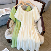 Liela izmēra sieviešu vasaras uzpūstas piedurknes viskozes auduma kleita ar mežģīnēm ar izgriezumu, brīvi, ērti svārki ikdienas apģērbs