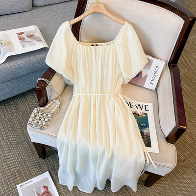 Liela izmēra sieviešu vasaras uzpūstas piedurknes viskozes auduma kleita ar mežģīnēm ar izgriezumu, brīvi, ērti svārki ikdienas apģērbs