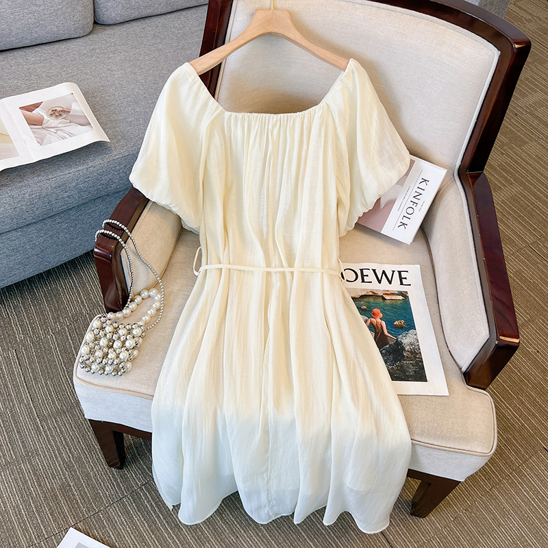 Liela izmēra sieviešu vasaras uzpūstas piedurknes viskozes auduma kleita ar mežģīnēm ar izgriezumu, brīvi, ērti svārki ikdienas apģērbs