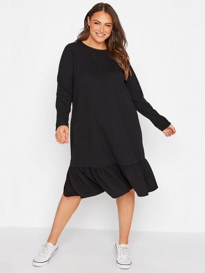 Liela izmēra eleganta rudens kleita ar garām piedurknēm, melna volānveida midi volānu kleita liela izmēra brīva darba biroja kleita, taisna no kokvilnas 8XL