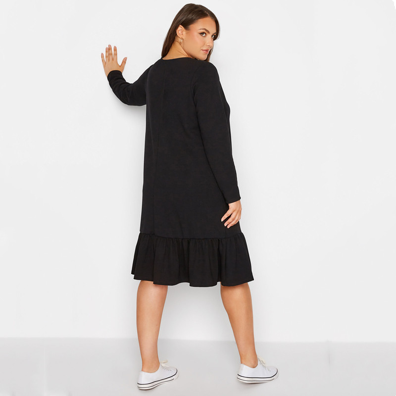 Liela izmēra eleganta rudens kleita ar garām piedurknēm, melna volānveida midi volānu kleita liela izmēra brīva darba biroja kleita, taisna no kokvilnas 8XL