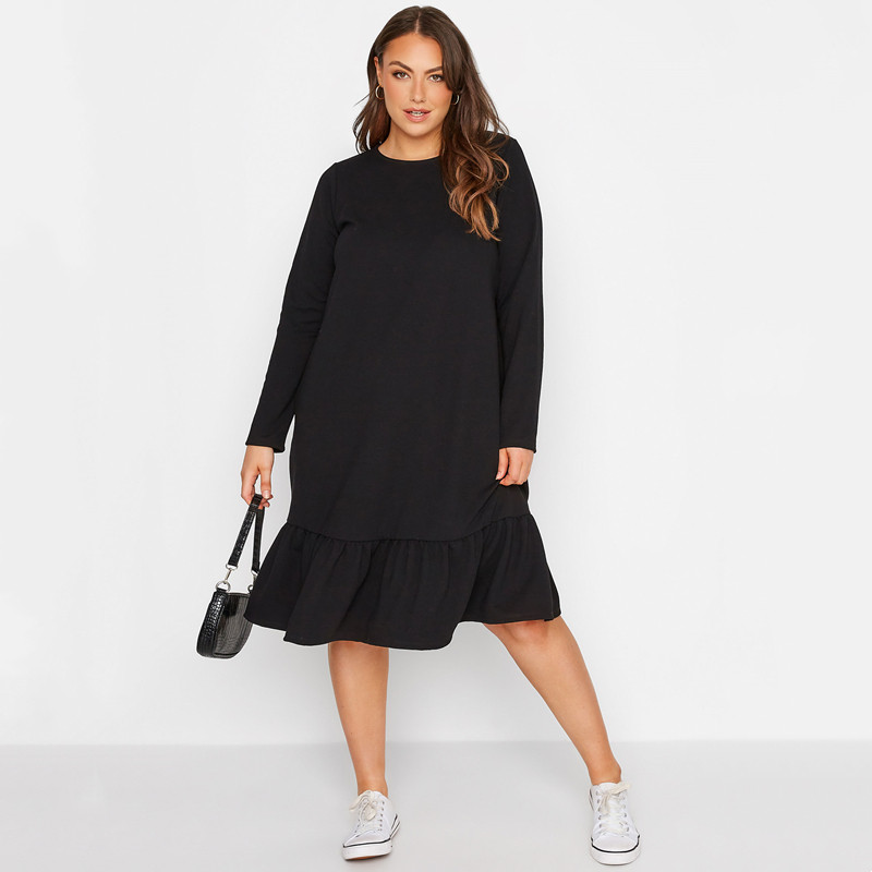 Liela izmēra eleganta rudens kleita ar garām piedurknēm, melna volānveida midi volānu kleita liela izmēra brīva darba biroja kleita, taisna no kokvilnas 8XL