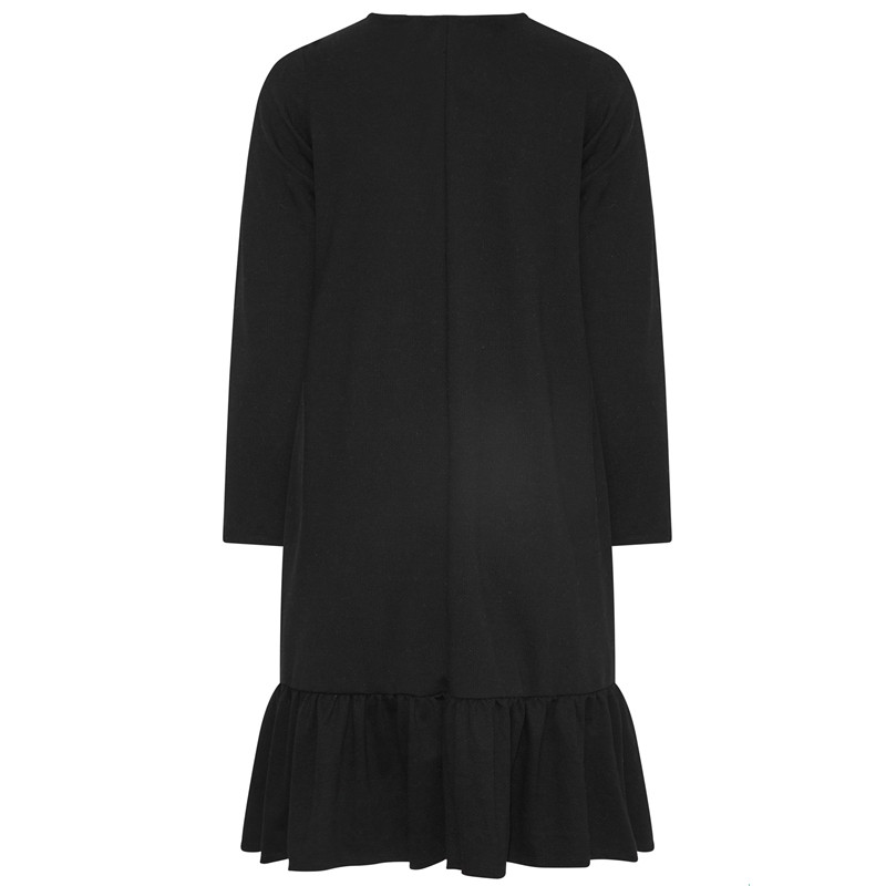 Liela izmēra eleganta rudens kleita ar garām piedurknēm, melna volānveida midi volānu kleita liela izmēra brīva darba biroja kleita, taisna no kokvilnas 8XL