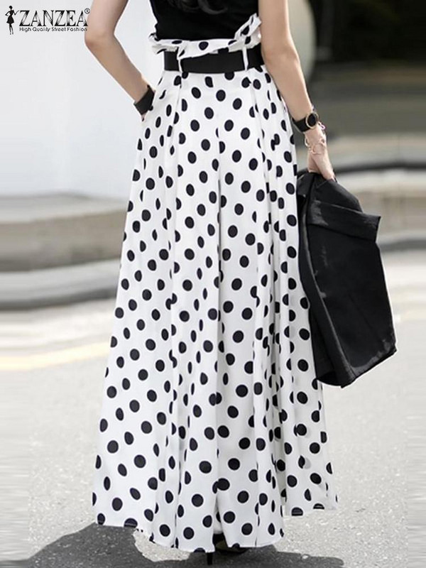 Liela izmēra ikdienas bikses ZANZEA Bohēmijas sieviešu platas bikses Modes ar augstu vidukli Vasaras bikses Vintage punktveida garas bikses