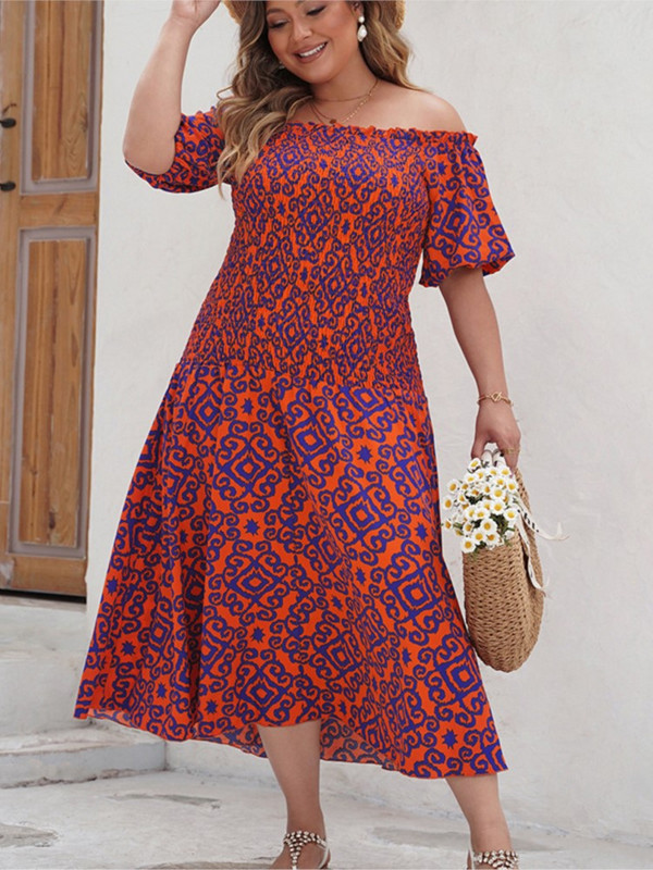 Rochie cu umăr dezactivat, primăvară vară, mărime plus, femei, imprimeu în dungi, modă, cu volane, plisate, rochii de damă, ocazional, rochie midi