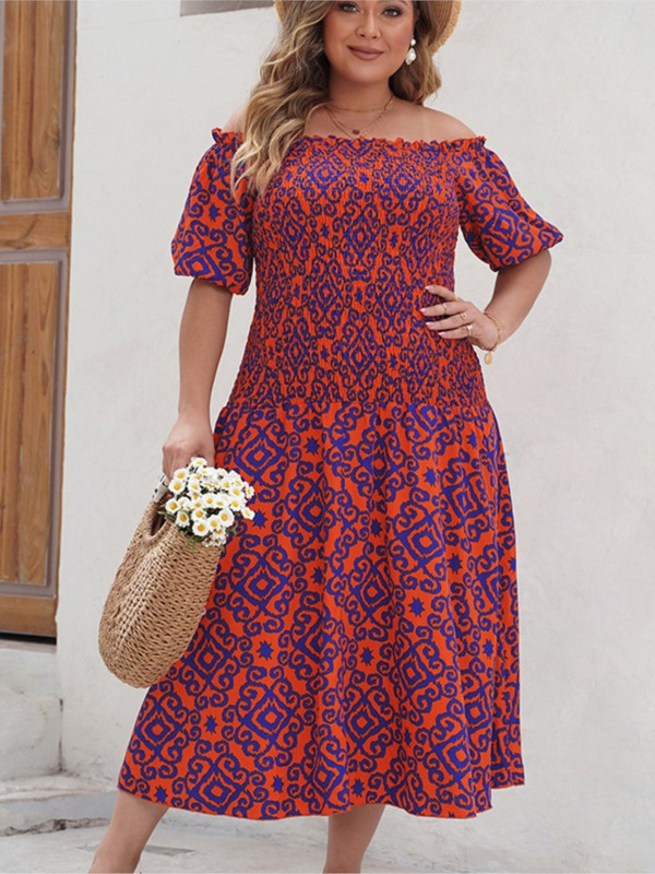 Rochie cu umăr dezactivat, primăvară vară, mărime plus, femei, imprimeu în dungi, modă, cu volane, plisate, rochii de damă, ocazional, rochie midi