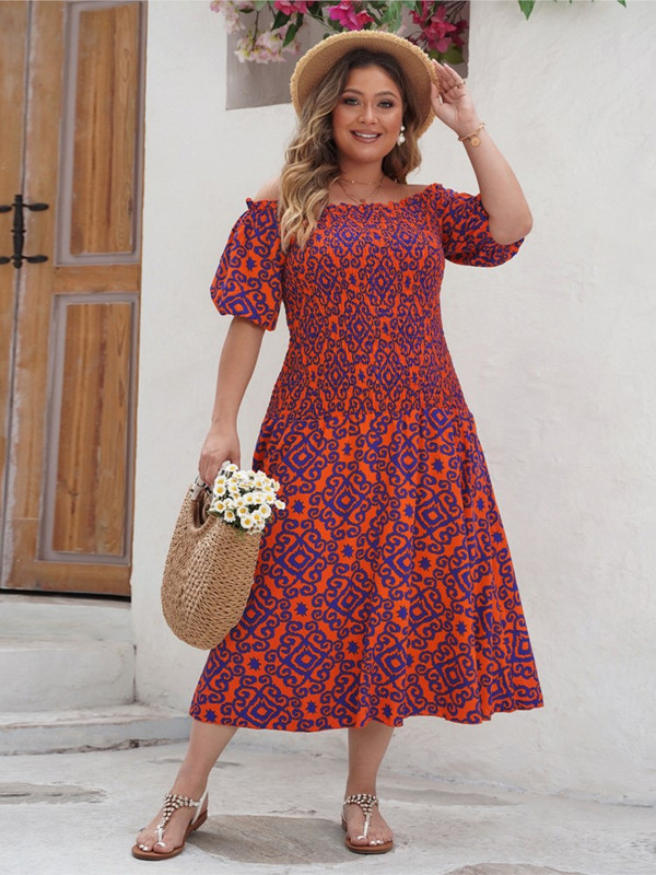 Rochie cu umăr dezactivat, primăvară vară, mărime plus, femei, imprimeu în dungi, modă, cu volane, plisate, rochii de damă, ocazional, rochie midi