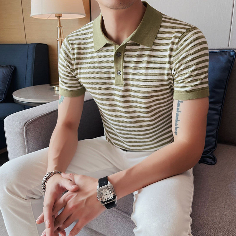 2023. gada vīriešu vasaras ledus zīda polo krekli ar īsām piedurknēm/Vīriešu šaura strīpa ikdienas augstas kvalitātes polo krekli lielizmēra S-4XL