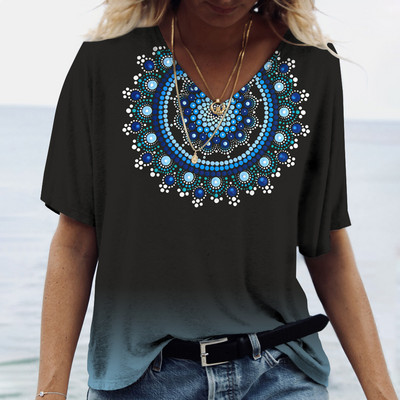 Sieviešu T-krekls ar mandala gradientu apdruku, 2023. gada jauns modes krekls ar īsām piedurknēm sievietēm, lielizmēra Harajuku apģērbi, brīvi tīši ar V kakla izgriezumu