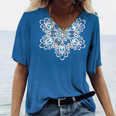 Sieviešu T-krekls ar mandala gradientu apdruku, 2023. gada jauns modes krekls ar īsām piedurknēm sievietēm, lielizmēra Harajuku apģērbi, brīvi tīši ar V kakla izgriezumu