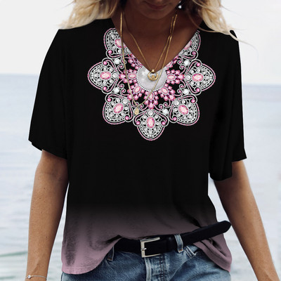 Sieviešu T-krekls ar mandala gradientu apdruku, 2023. gada jauns modes krekls ar īsām piedurknēm sievietēm, lielizmēra Harajuku apģērbi, brīvi tīši ar V kakla izgriezumu