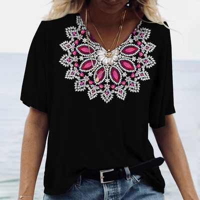 Sieviešu T-krekls ar mandala gradientu apdruku, 2023. gada jauns modes krekls ar īsām piedurknēm sievietēm, lielizmēra Harajuku apģērbi, brīvi tīši ar V kakla izgriezumu