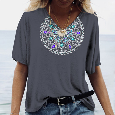 Sieviešu T-krekls ar mandala gradientu apdruku, 2023. gada jauns modes krekls ar īsām piedurknēm sievietēm, lielizmēra Harajuku apģērbi, brīvi tīši ar V kakla izgriezumu