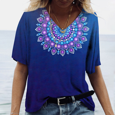 Sieviešu T-krekls ar mandala gradientu apdruku, 2023. gada jauns modes krekls ar īsām piedurknēm sievietēm, lielizmēra Harajuku apģērbi, brīvi tīši ar V kakla izgriezumu