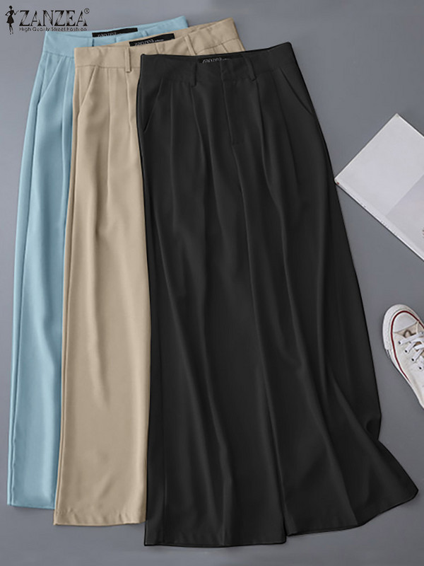 ZANZEA Prevelika ženska odijela Hlače 2024 Ležerne jednobojne hlače Palazzo Fashion Office Lady Široke hlače Donji dio širokih nogavica