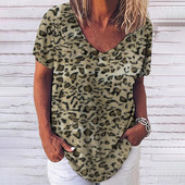 Tricou cu leopard de epocă pentru femei, îmbrăcăminte sexy pentru femei, cu decolteu în V, tricouri supradimensionate cu mânecă scurtă, bluză lejeră de vară, îmbrăcăminte de stradă casual