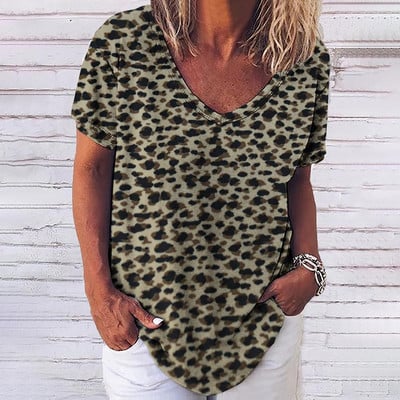 Tricou cu leopard de epocă pentru femei, îmbrăcăminte sexy pentru femei, cu decolteu în V, tricouri supradimensionate cu mânecă scurtă, bluză lejeră de vară, îmbrăcăminte de stradă casual