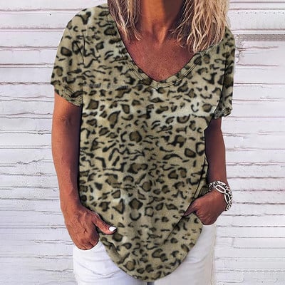 Tricou cu leopard de epocă pentru femei, îmbrăcăminte sexy pentru femei, cu decolteu în V, tricouri supradimensionate cu mânecă scurtă, bluză lejeră de vară, îmbrăcăminte de stradă casual
