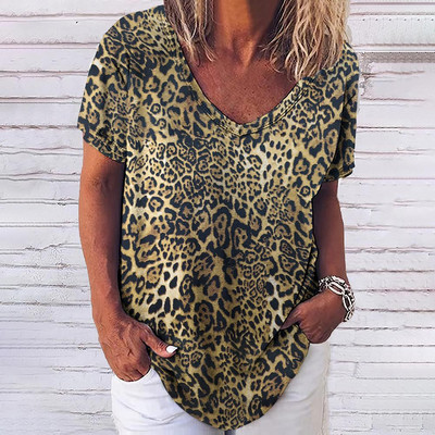 Tricou cu leopard de epocă pentru femei, îmbrăcăminte sexy pentru femei, cu decolteu în V, tricouri supradimensionate cu mânecă scurtă, bluză lejeră de vară, îmbrăcăminte de stradă casual