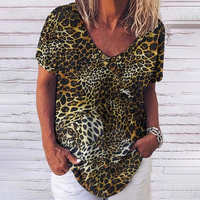 Tricou cu leopard de epocă pentru femei, îmbrăcăminte sexy pentru femei, cu decolteu în V, tricouri supradimensionate cu mânecă scurtă, bluză lejeră de vară, îmbrăcăminte de stradă casual