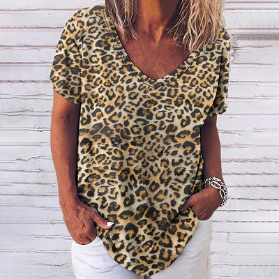 Tricou cu leopard de epocă pentru femei, îmbrăcăminte sexy pentru femei, cu decolteu în V, tricouri supradimensionate cu mânecă scurtă, bluză lejeră de vară, îmbrăcăminte de stradă casual