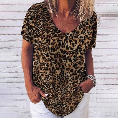 Tricou cu leopard de epocă pentru femei, îmbrăcăminte sexy pentru femei, cu decolteu în V, tricouri supradimensionate cu mânecă scurtă, bluză lejeră de vară, îmbrăcăminte de stradă casual