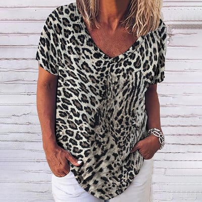 Tricou cu leopard de epocă pentru femei, îmbrăcăminte sexy pentru femei, cu decolteu în V, tricouri supradimensionate cu mânecă scurtă, bluză lejeră de vară, îmbrăcăminte de stradă casual