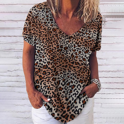 Tricou cu leopard de epocă pentru femei, îmbrăcăminte sexy pentru femei, cu decolteu în V, tricouri supradimensionate cu mânecă scurtă, bluză lejeră de vară, îmbrăcăminte de stradă casual