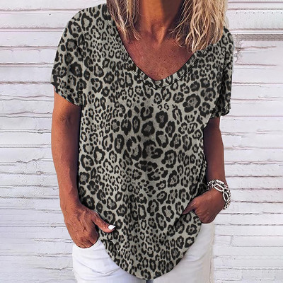 Tricou cu leopard de epocă pentru femei, îmbrăcăminte sexy pentru femei, cu decolteu în V, tricouri supradimensionate cu mânecă scurtă, bluză lejeră de vară, îmbrăcăminte de stradă casual